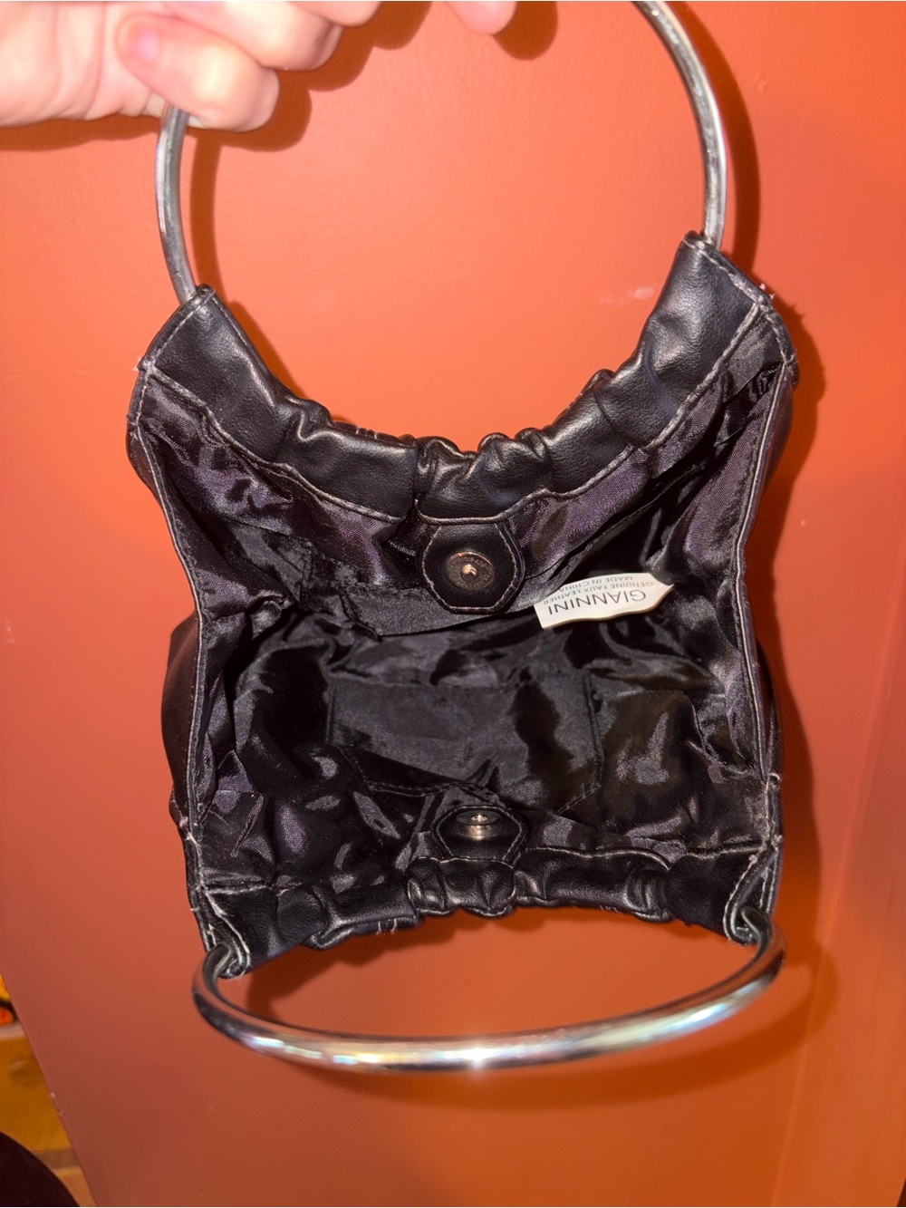 Giannini Structured Black Faux Leather Mini Bag with Metal Ring Handles - Picture 3 of 4